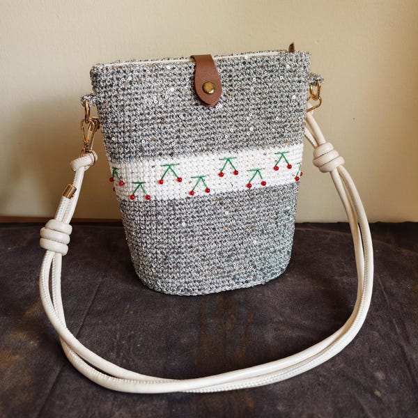 Sequin Yarn Bucket Bag, Embroidered Cherry, Structured Woven Purse, Zipper Pocket