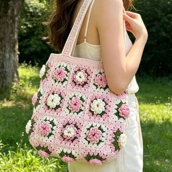 Handmade Crochet Granny Square Tote Handwoven Floral Bag