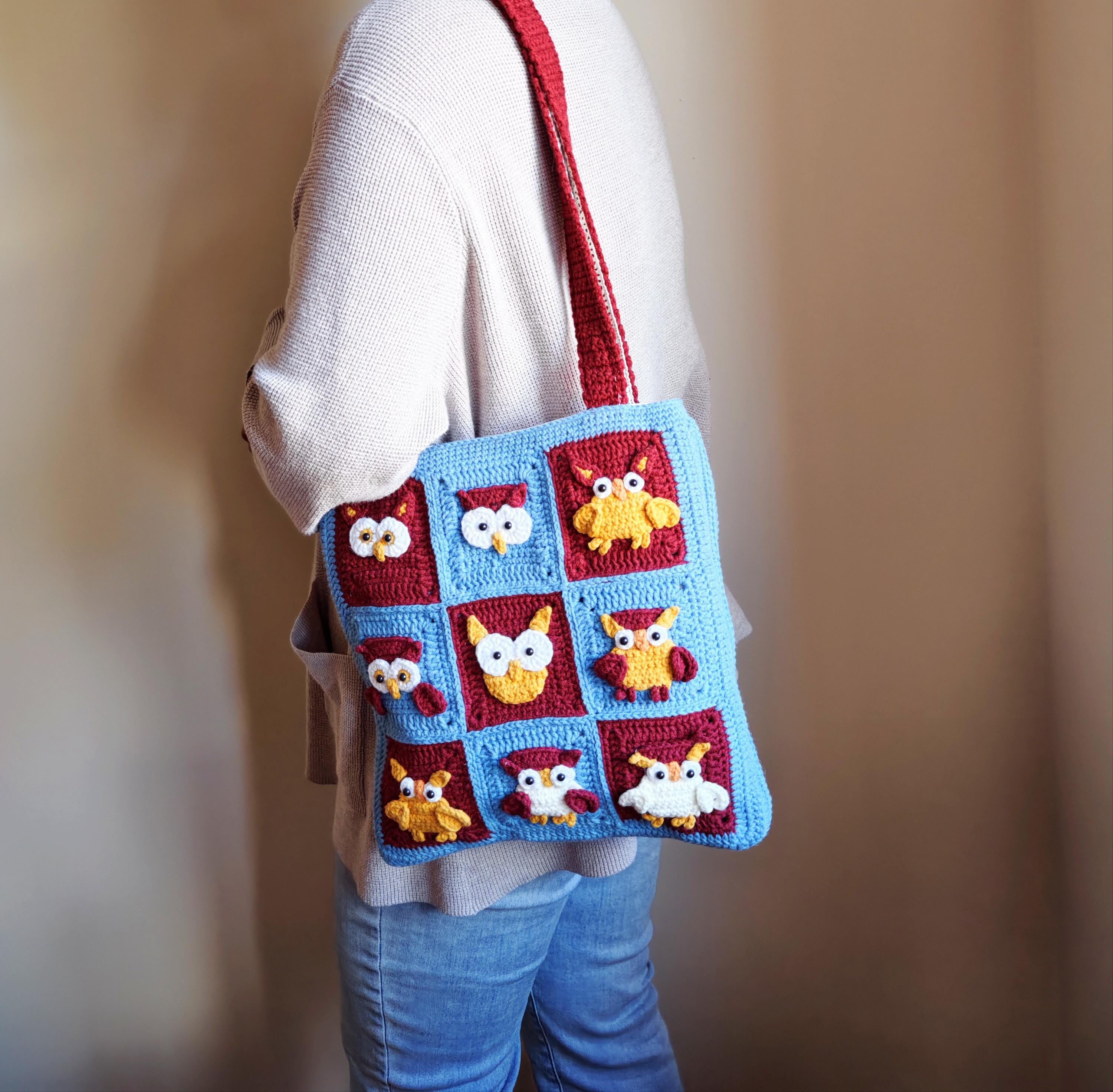 Handmade Crochet Granny Square Tote, Owl Patches Shoulder Bag, Cottagecore Purse, Boho Style Bag