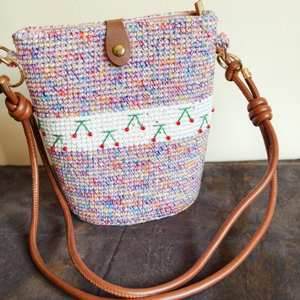 Sequin Yarn Bucket Shoulder Bag, Embroidered Cherry Woven Purse, Zipper Inner Pocket