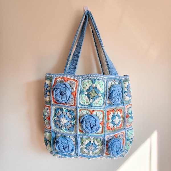 Crochet Granny Square Tote Bag with 3D Roses – Boho Shoulder Handbag