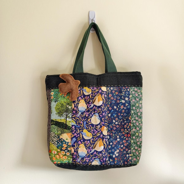 Patchwork Quilted Tote Bag, Mugwort Bird Applique, Cotton Stitched Handbag