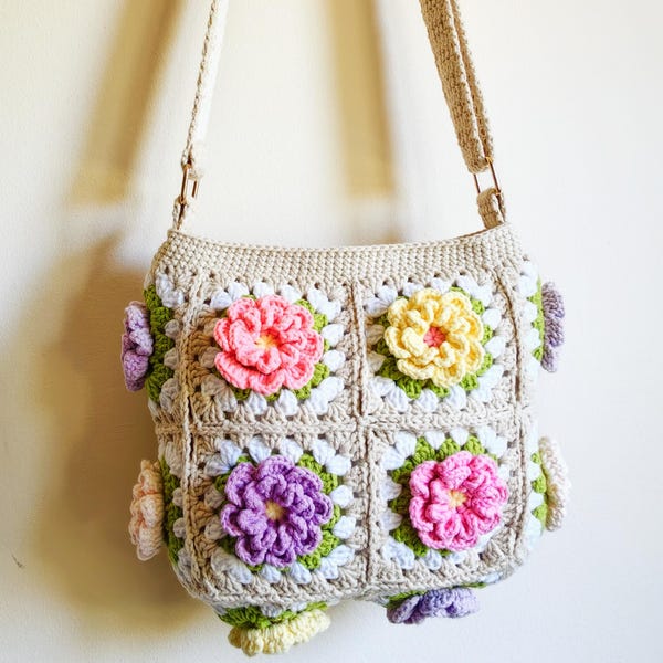 Handmade Crochet Granny Square Tote Bag with 3D Peony Flowers, Boho Cottagecore Style