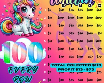 Tablero de Bingo Unicornio 100 en cada fila (Descarga digital)