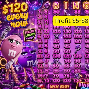 May include: A digital bingo game graphic featuring pink and purple M&M characters, a disco theme, and neon text reading $120 every now, Feelin' Lucky?, Profit $5-$85, and WIN BIG. The grid displays numbers and icons like high heels and mirrors.