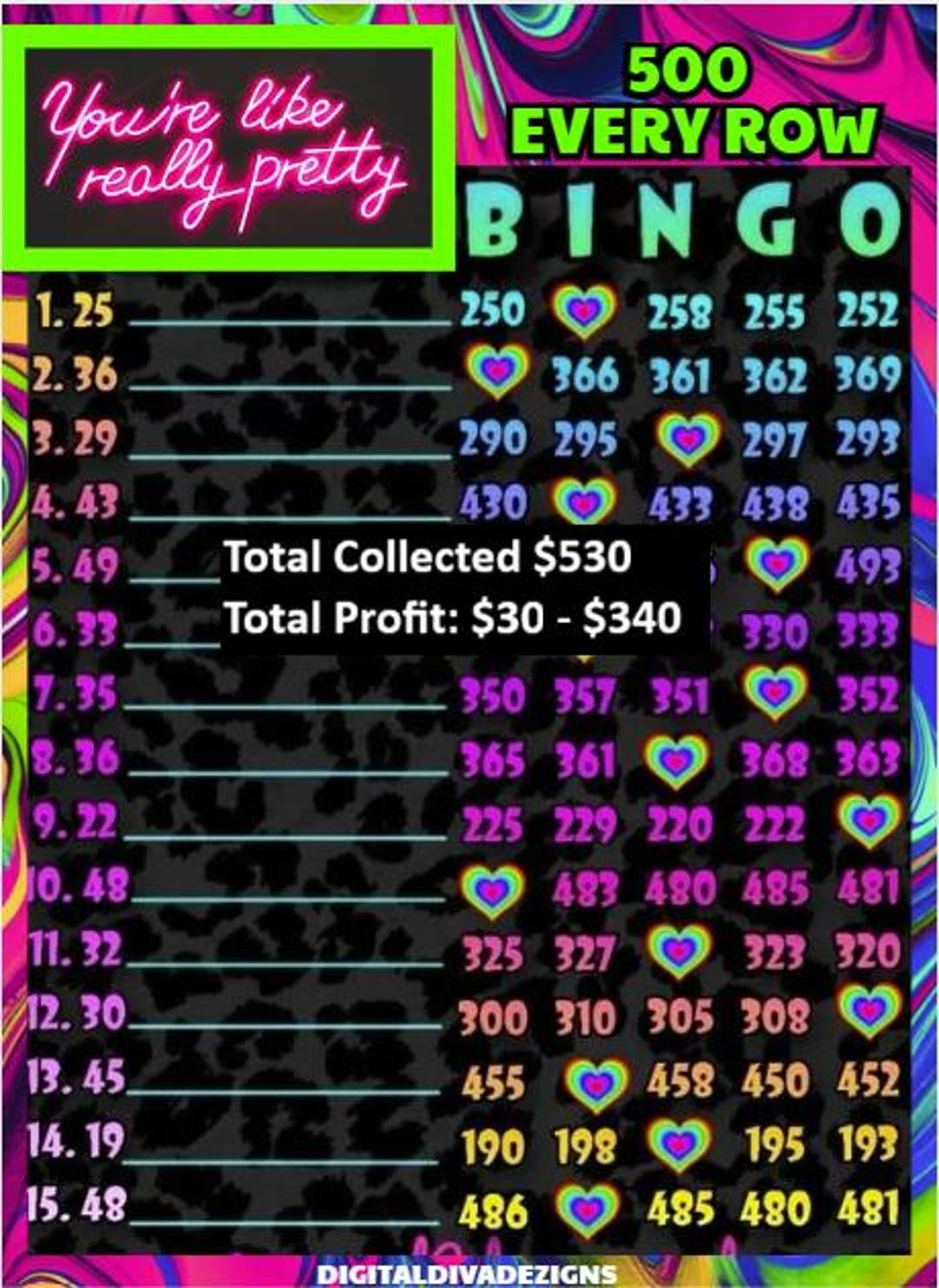 Bingo Boards 500 in Every Row Bingo Board - Etsy