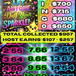 Puede incluir: Un gráfico colorido con el texto "Never Let Anyone Dull Your Sparkle!". Incluye una tarjeta de bingo con cantidades de premios, números y el texto "Total Recaudado $907". El diseño presenta estrellas, arcoíris y un lindo personaje de estrella.