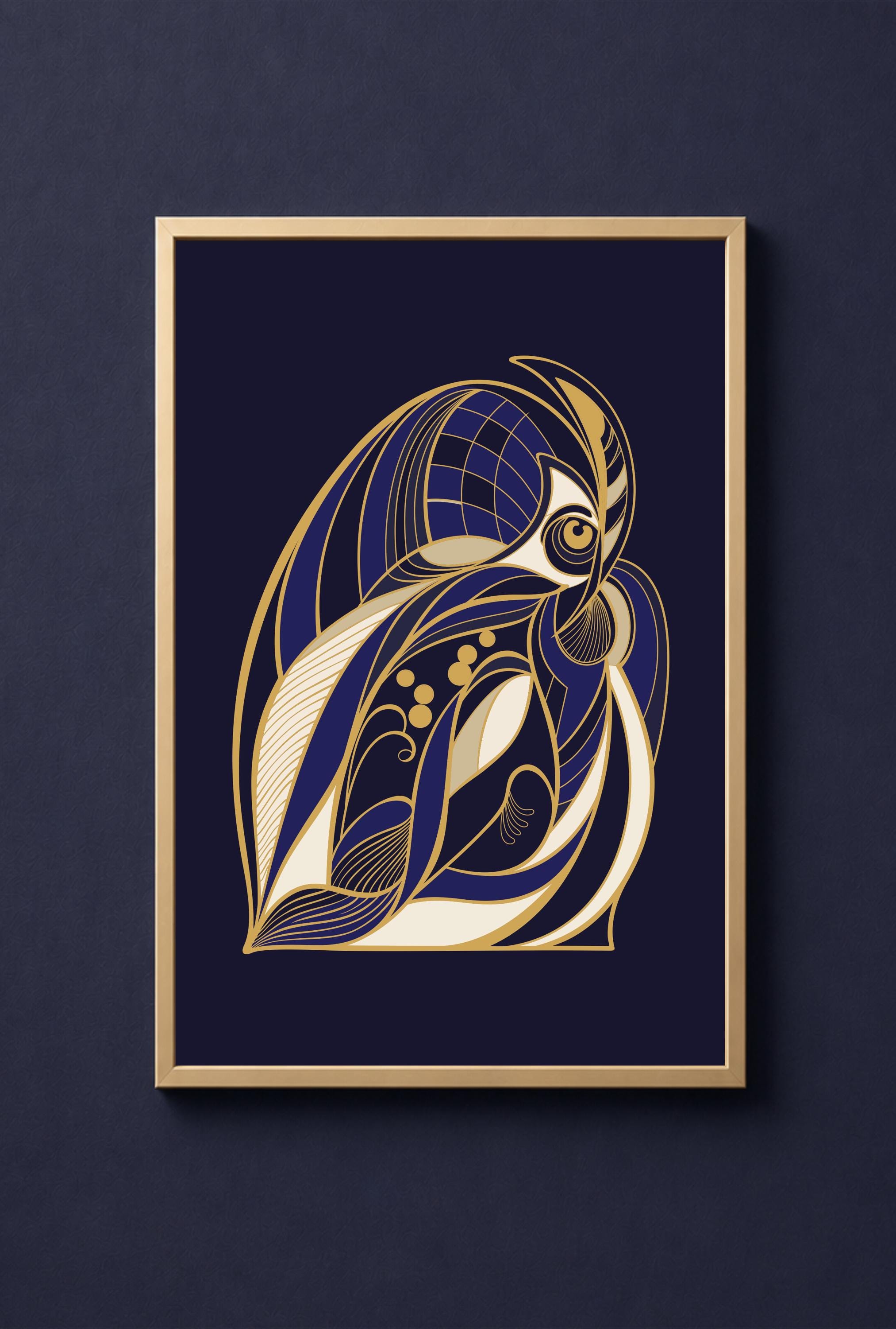 Midnight Navy Owl Print, Antique Gold Wall Art, Printable Owl Decor, Dark Academia Poster, Library W