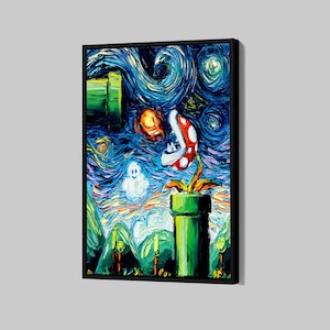 Van Gogh Mario Poster Modern Starry Night Canvas Mario World Wall Art Vincent Van Gogh Framed Canvas Print Home Decor P123 Birthday Gift