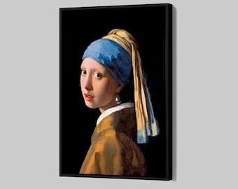May include: Framed print of Johannes Vermeer's "Girl with a Pearl Earring." The artwork features a young person with a blue and yellow headscarf, a pearl earring, and a mustard-colored jacket against a black background. The painting is a classic portrait.