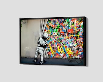 Banksy Achter het Gordijn Poster Graffiti Kid Canvas Print Modern Street Wall Art Ingelijste canvas Print Home Decor P26 Verjaardagscadeau