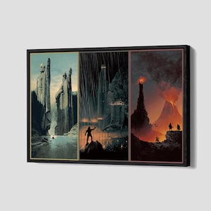 May include: A framed canvas art print featuring three panels with scenes from a fantasy world. The panels depict towering statues, a dark fortress, and a volcanic landscape with figures. The artwork has a dark, dramatic color palette.