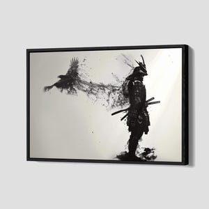May include: Black and white framed artwork featuring a samurai warrior standing with two swords. A crow flies to the left, its form dissolving into a smoky trail. The artwork has a minimalist style.