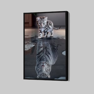 Tigerreflektion Katt Poster Tiger och katt Canvas Kattälskare Väggkonst Kontor Inramad Canvastavla Heminredning P54 Födelsedagspresent