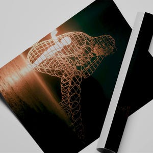 May include: A print featuring a wireframe sculpture of a person in a seated position, illuminated by a light source. The artwork is on a dark background, with a rolled-up poster next to it.