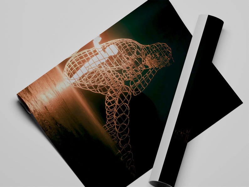 May include: A print featuring a wireframe sculpture of a person in a seated position, illuminated by a light source. The artwork is on a dark background, with a rolled-up poster next to it.