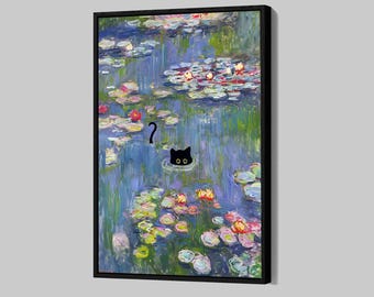 Gatto nero di Claude Monet Poster Gatto nero su tela Monet Ninfea Gatto Arte murale Gatto divertente Stampa su tela incorniciata Decorazione per la casa P184 Regalo