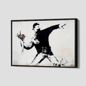 Banksy Flower Thrower Poster Street Art Canvas Print Graffiti Anarchist Wall Art  Framed Canvas Print Home Decor P21 Birthday Gift