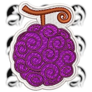 Puede incluir: Parche bordado que representa una fruta morada con un patrón de remolino, un tallo marrón y un borde blanco. Este parche está diseñado para aplicarse en ropa o accesorios y es un artículo hecho por fans.