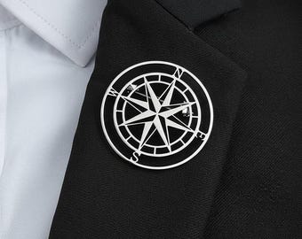 Compass Lapel Pin | Gold Plated Stainless Steel Brooch | Black Suit Pin for Men | Nautical Compass Pin | Gift for Men