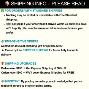 May include: Image with text: SHIPPING INFO - PLEASE READ. Information on standard shipping, time-sensitive orders, and shipping upgrades. Details include refunds and express shipping options for quicker delivery.
