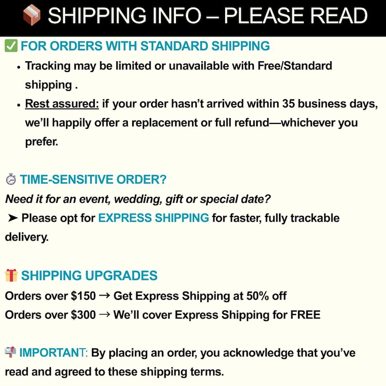 May include: Image with text: SHIPPING INFO - PLEASE READ. Information on standard shipping, time-sensitive orders, and shipping upgrades. Details include refunds and express shipping options for quicker delivery.