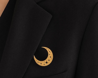 Crescent Moon Stars Brooch Pin – Stainless Steel Celestial Lapel Pin