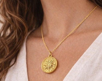 Sun Medallion Necklace • Universe Inspired Pendant • Gold Stainless Steel Jewelry • Minimal Statement Necklace