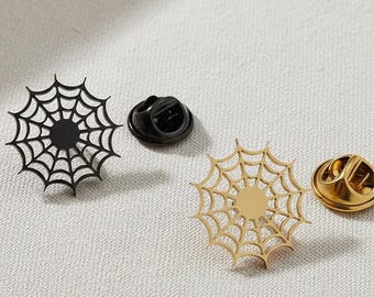 Spider Web Lapel Pin | Gold Plated Stainless Steel Brooch | Black Gothic Suit Pin | Minimal Web Badge | Gift for Men