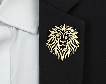 Crown Lion Lapel Pin – 18K Gold Plated Stainless Steel Hollow Brooch, Royal Lion Head Badge for Men’s Suit, Groom Gift, Blazer Accessory