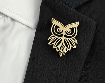 Owl Lapel Pin Stainless Steel Brooch, Gold Silver Black Owl Suit Pin, Hollow Animal Badge for Men, Nature Lover Gift, Graduation Gift