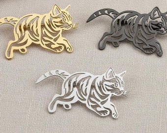 Cat Lapel Pin, Hollow Running Cat Brooch, 18K Gold Plated Stainless Steel Suit Pin, Silver Black Animal Lapel Pin, Gift for Cat Lover