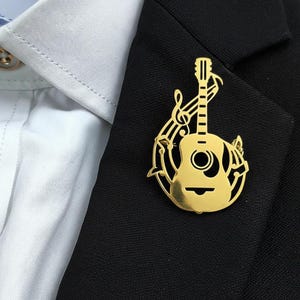 Guitar Lapel Pin – Stainless Steel 18K Gold Plated Brooch, Music Lover Gift for Men, Guitarist Suit Accessory, Music Badge