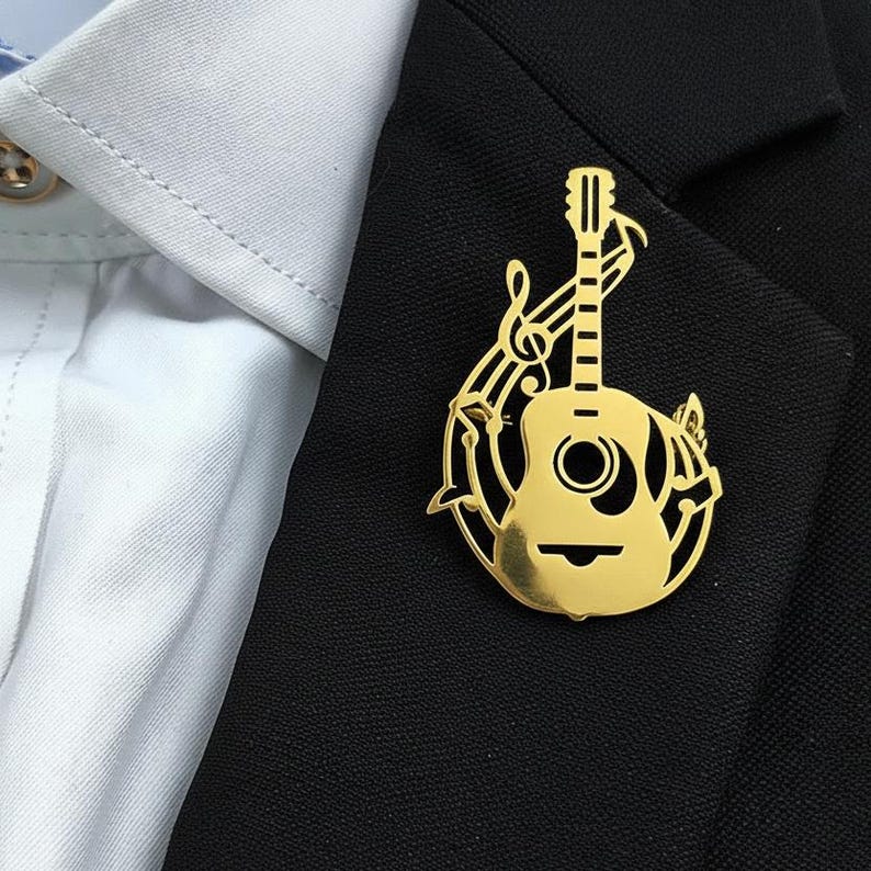 Guitar Lapel Pin – Stainless Steel 18K Gold Plated Brooch, Music Lover Gift for Men, Guitarist Suit Accessory, Music Badge
