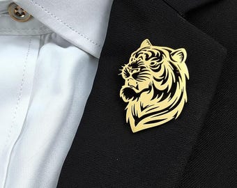 Tiger Head Brooch Pin – Stainless Steel 18K Gold Plated, Silver & Black Lapel Pin, Men’s Suit Accessory, Bold Statement Gift