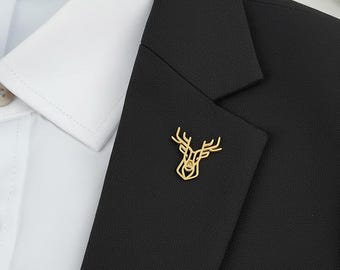 Deer Head Lapel Pin | Stag Brooch | 18K Gold Plated Stainless Steel Suit Pin | Silver Black Lapel Pin | Gift for Men