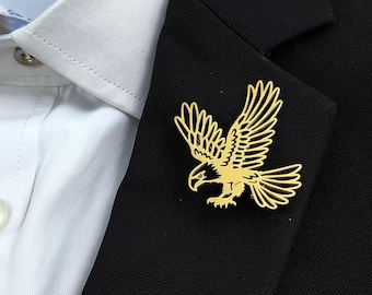 Eagle Lapel Pin for Men, Stainless Steel Brooch, 18K Gold Plated Eagle Badge, Silver & Black Suit Pin, Gift for Him, Patriotic Accessories