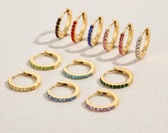 Birthstone Huggie Earrings • Gold Plated Stainless Steel Hoops • 12 Month CZ Hoop Earrings • Minimalist Small Circle Earrings • Gift for Her