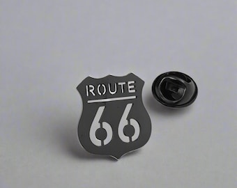 Route 66 Brooch Pin in gold & silver, Stainless steel highway lapel pin, road trip gift for bikers, travelers, and adventure lovers
