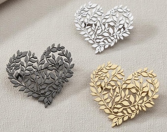 Heart Lapel Pin for Men, Stainless Steel Love Brooch, 18K Gold Plated Waterproof Badge, Leaf Branch Suit Pin, Husband Gift