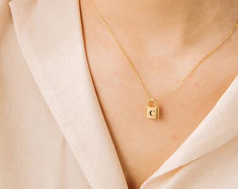 Personalized Letter Lock Pendant • Minimalist Gold Name Necklace • Custom Initial Jewelry
