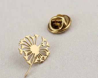 Dandelion Lapel Pin | 18K Gold Plated Stainless Steel Brooch | Black Punk Style Suit Pin | Floral Lapel Pin | Gift for Father