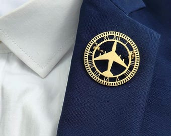 Airplane Clock Brooch Pin, Vintage Metal Aviation Lapel Pin for Men Women, Pilot Gift, Travel Lover Accessory, Suit Bag Jacket Hat Pins