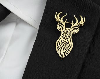 Deer Head Lapel Pin for Men, Stag Brooch Stainless Steel Gold Silver Black, Animal Suit Pin, Hunting Gift, Woodland Wedding Accessory