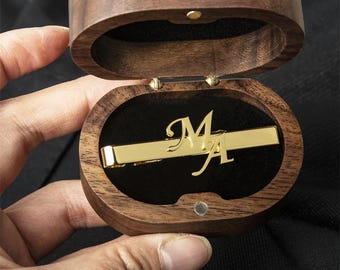 Custom Name Initials Tie Clips with Wooden Box, Monogram Men Tie Clip, Husband Groomsman Gift, Initials Personalized Wedding Best Man Groom