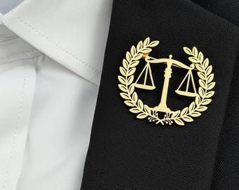 Scales of Justice Lapel Pin | Balance Wheat Ear Brooch | 18K Gold Plated Stainless Steel Suit Pin | Lawyer Law Pin | Gift for Men