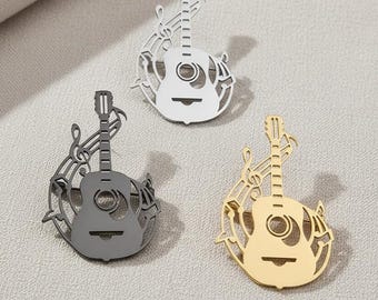 Guitar Lapel Pin – Stainless Steel 18K Gold Plated Brooch, Music Lover Gift for Men, Guitarist Suit Accessory, Music Badge