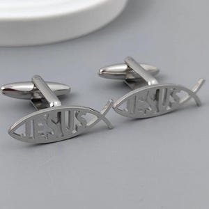 Jesus Fish Cufflinks for Men | Christian Cufflinks Gold Silver Black | Religious Cuff Links Gift for Dad Husband | Gift for Pastors Church