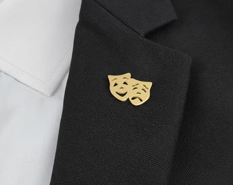 Theatre Mask Lapel Pin | Laughing Crying Mask Brooch | 18K Gold Plated Stainless Steel Suit Pin | Drama Mask Pin | Gift for Actor