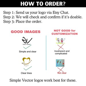 May include: A guide with the text "HOW TO ORDER?" detailing the process of ordering a custom logo via Etsy Chat. It provides examples of suitable and unsuitable images, highlighting the importance of clear vector logos.
